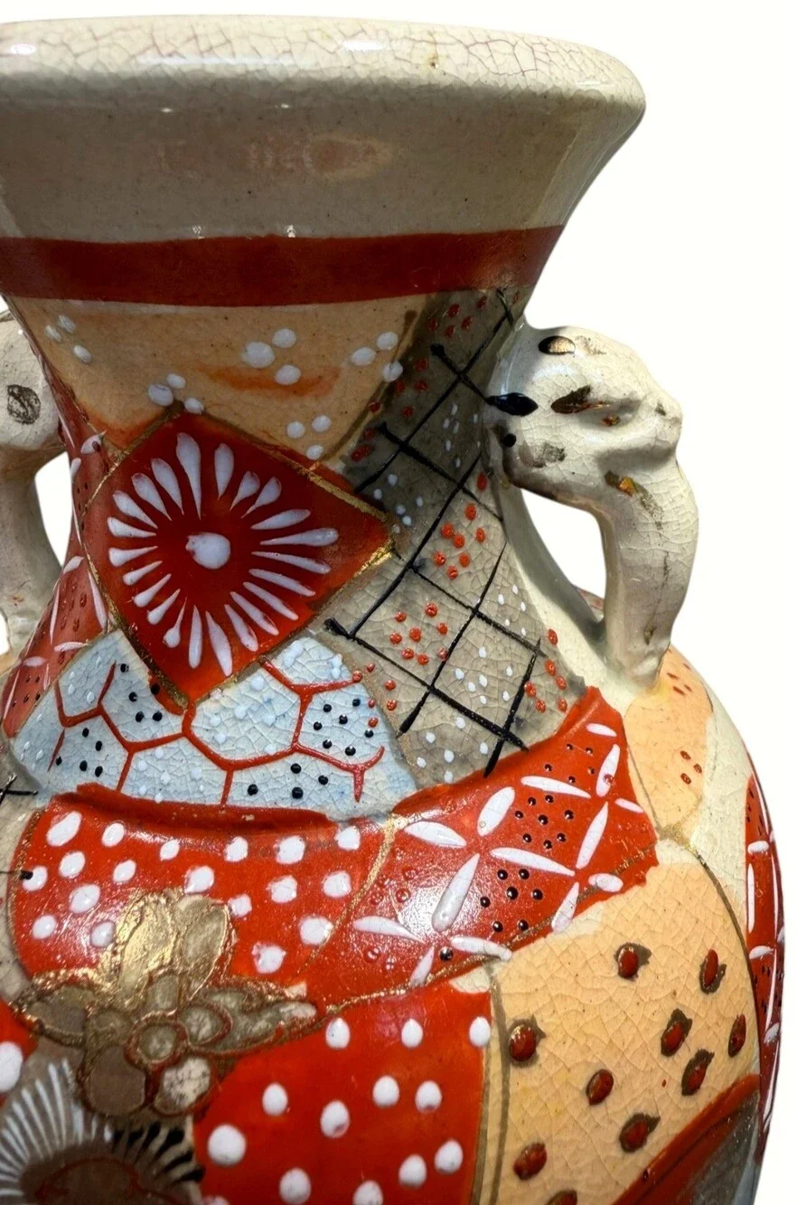 Antique Japanese Satsuma Moriage Figural Vase Elephant Handles 12